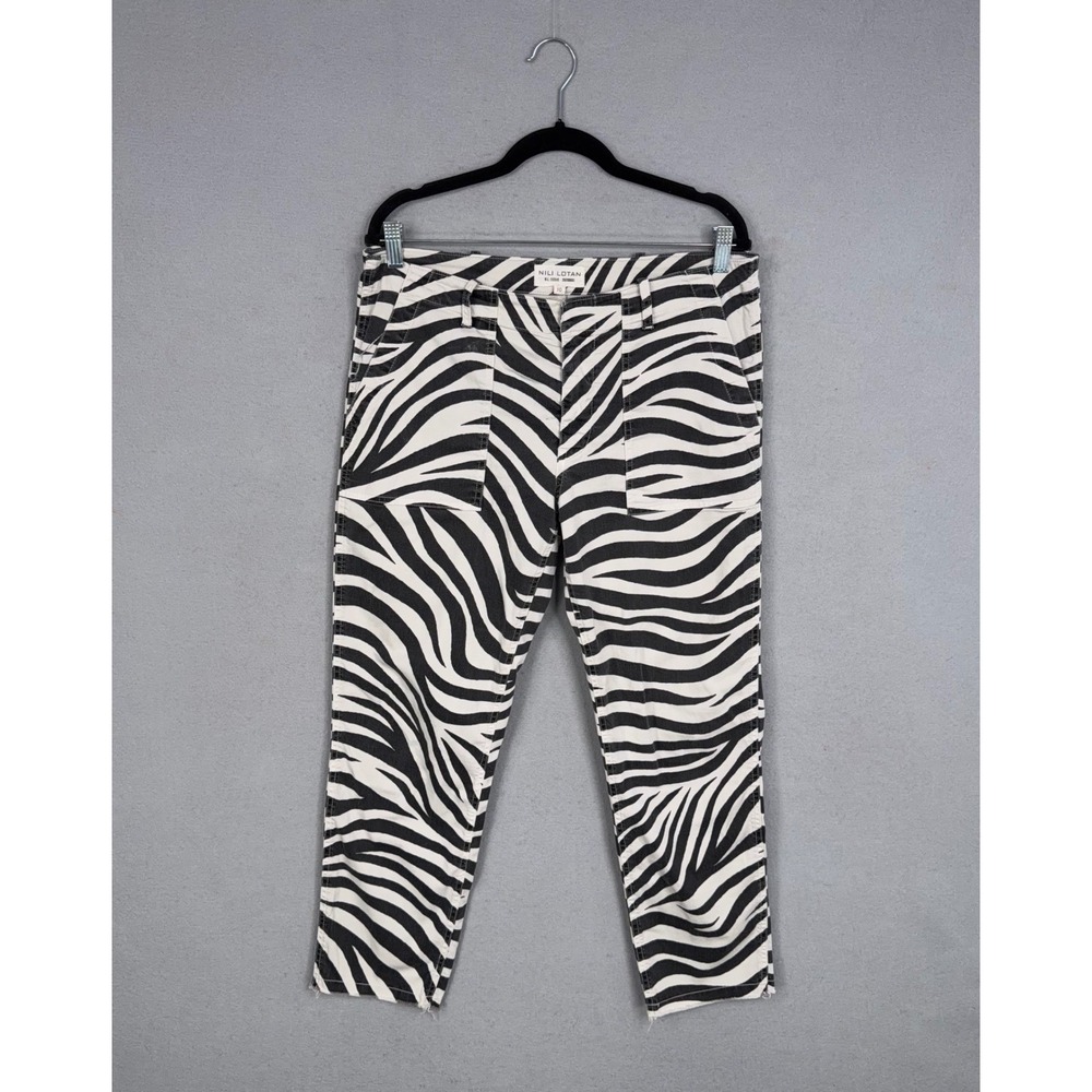 Nili Lotan Pants Women 10 White Black Zebra Print Stretch Utility Crop Chic